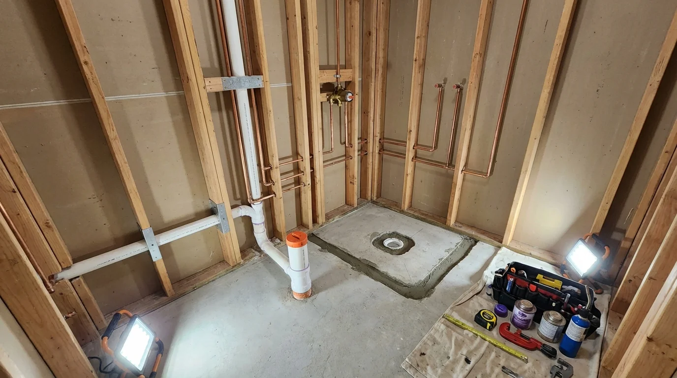 Bathroom rough-in plumbing during remodel by Johns Plumbing LLC in New Hyde Park