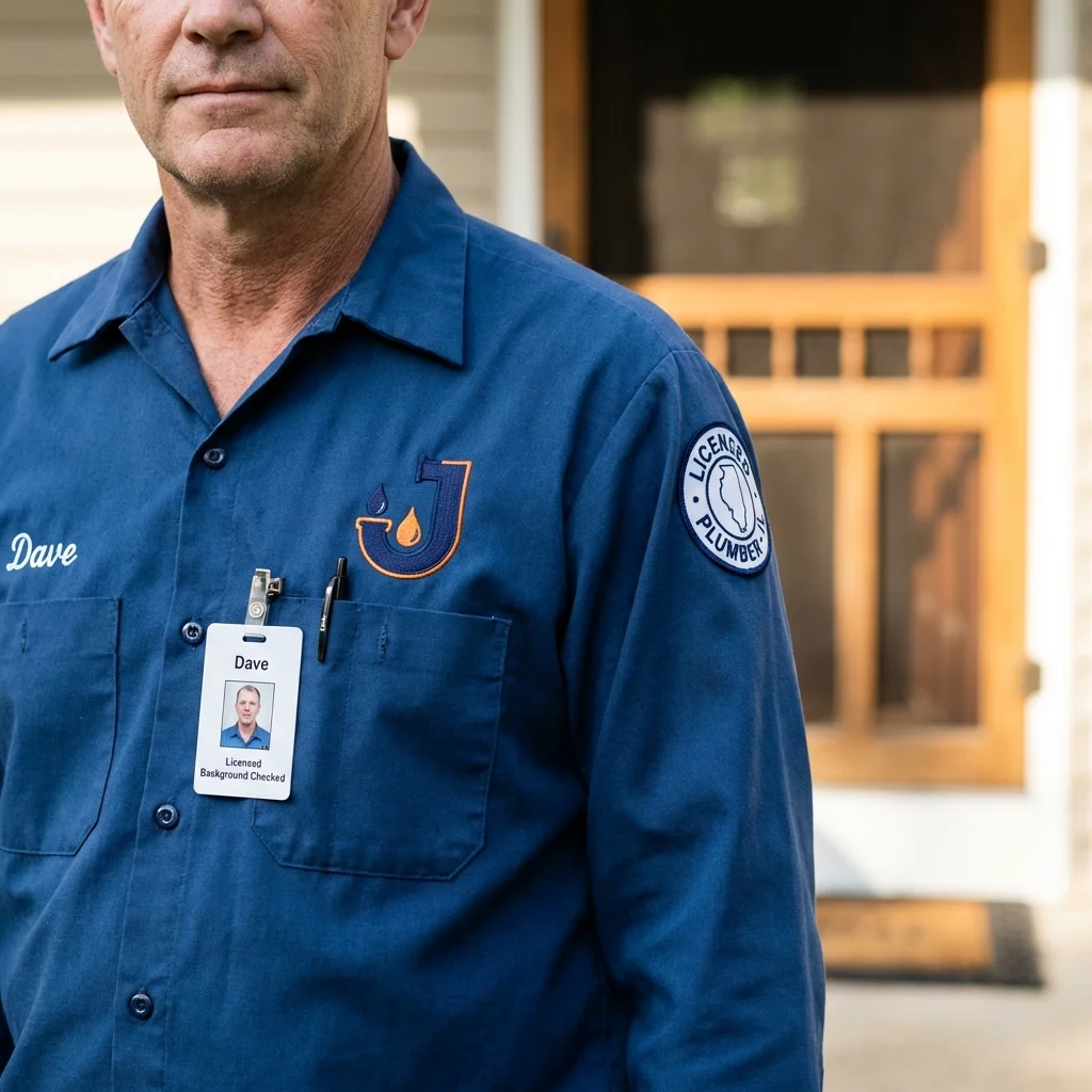 Licensed plumber showing ID badge in New Hyde Park, NY