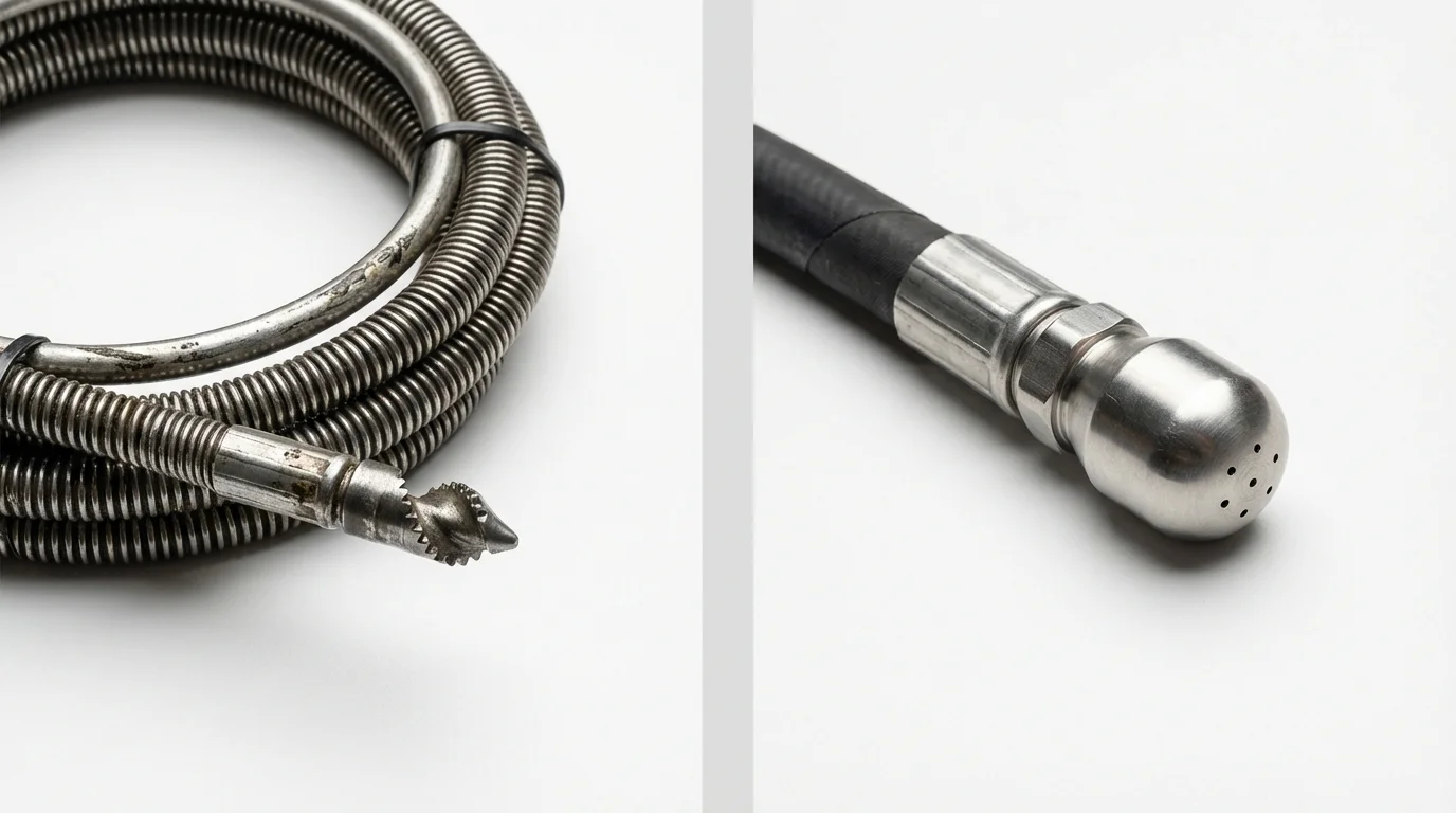Drain snake cable and hydro jetting nozzle used for drain cleaning in New Hyde Park, NY