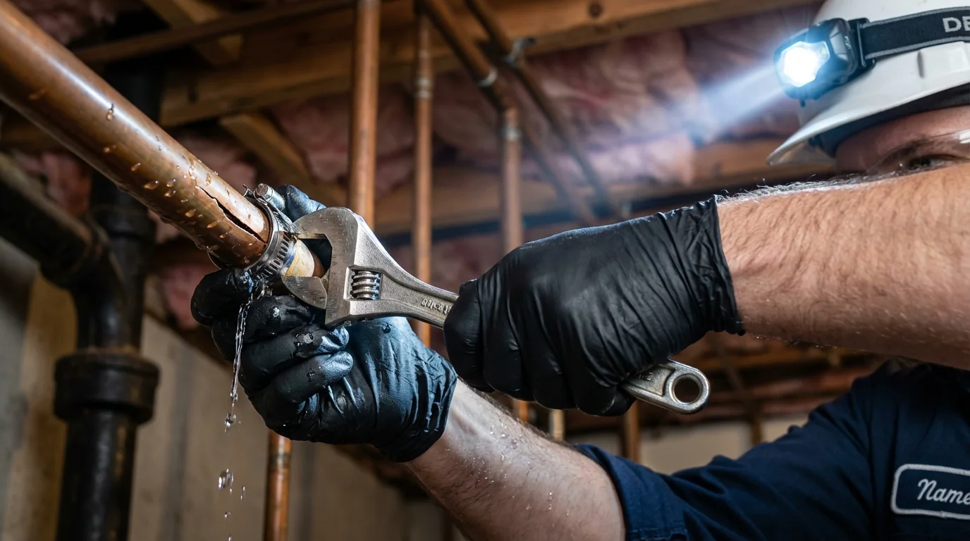 Emergency pipe clamp repair being performed by a Johns Plumbing LLC plumber in New Hyde Park