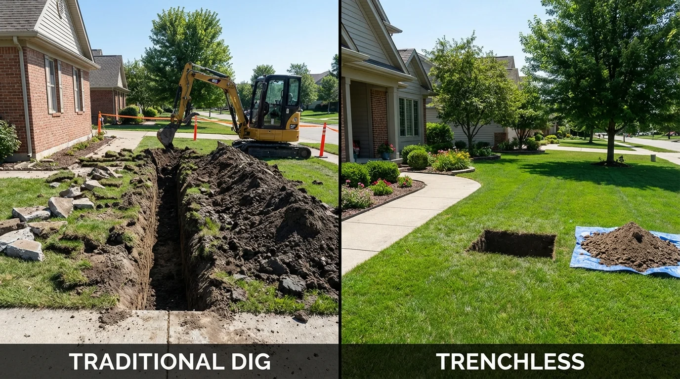 Trenchless sewer repair with minimal yard damage versus traditional excavation in New Hyde Park, NY