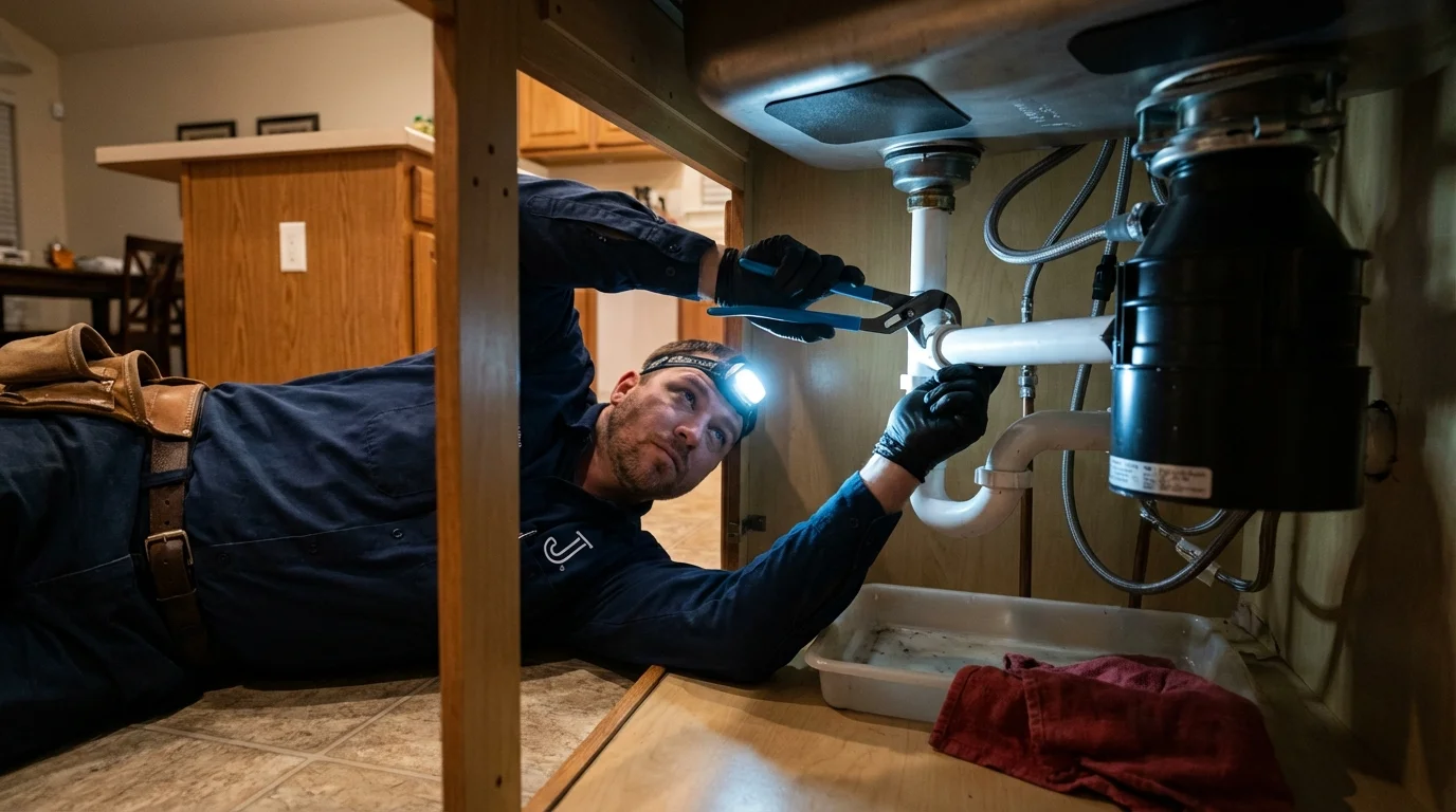 P-trap and supply line connections under a kitchen sink showing a common leak point in New Hyde Park, NY